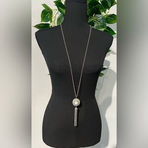 Vintage Silver tone and faux pearl drop tassel necklace